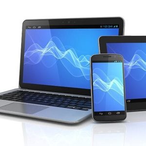 Laptop, tablet and cellphone with blue screens.