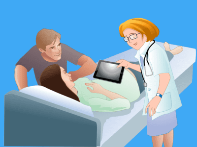 Illustration of a doctor showing a patient information on a touchscreen device.