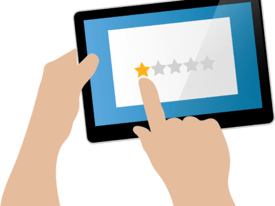 Illustration of a hand tapping one star for a review on a tablet.
