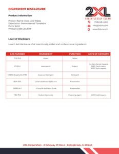 2XL600 Glass/LCD Wipes Ingredient Disclosure