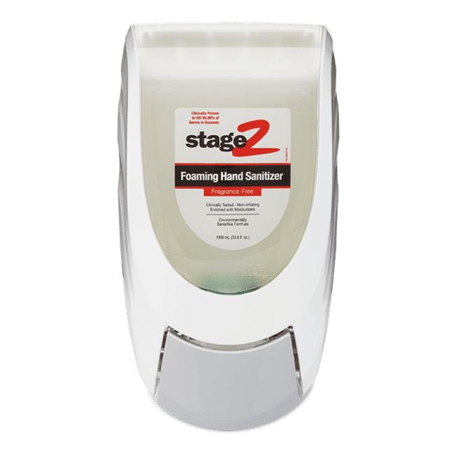 Front view of white wall dispenser for foaming hand sanitizer.