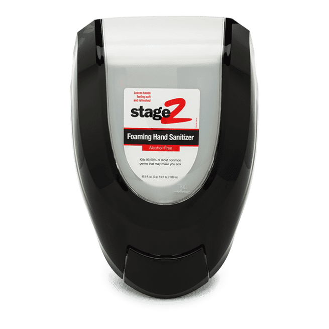 Front view of black wall dispenser for foaming hand sanitizer.