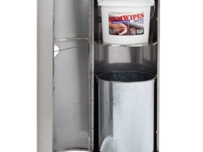 Front view Stainless Stand with door open holding GymWipes Professional Formula and trash bin.