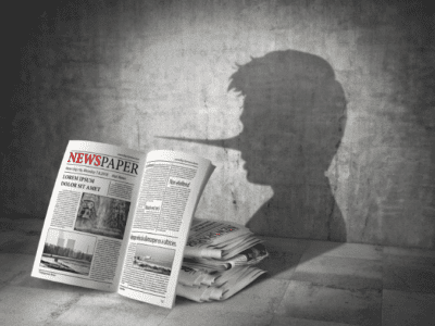 Graphic of newspapers with boy's shadow on the grey wall behind them.