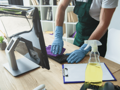 Photo of man wearing blue gloves and cleaning a computer keyboard on a desk.