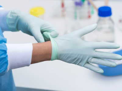 Close up photo of person putting on disposable gloves.