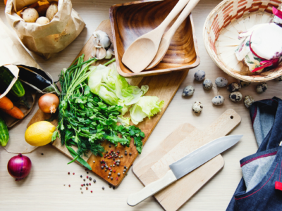 Fresh food and kitchen utensils.