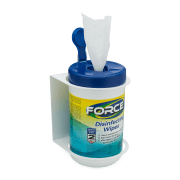 Side view of white wall mount holding Force Disinfecting Wipes.