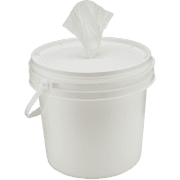 Wipes in bucket dispenser.